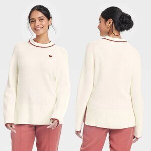 Large - Womens Red Heart Crewneck Pullover Sweater - A New Day - Cream